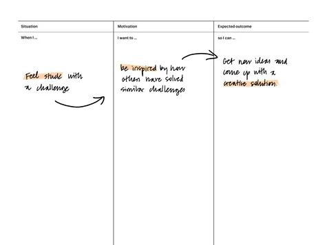 Jobs to be done template for reMarkable tablet with filled in content