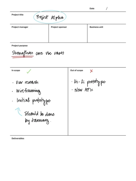 Project brief template for reMarkable tablet with filled in content