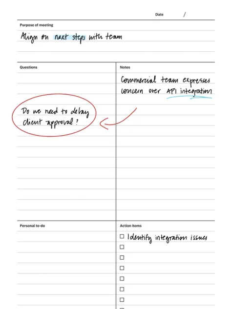 Quadrant method template for reMarkable tablet with filled in content