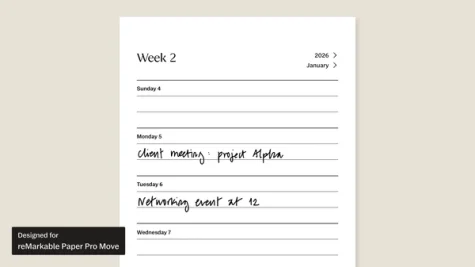 2026 Calendar (US) workbook for reMarkable Paper Pro Move