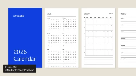 2026 Calendar (US) workbook for reMarkable Paper Pro Move
